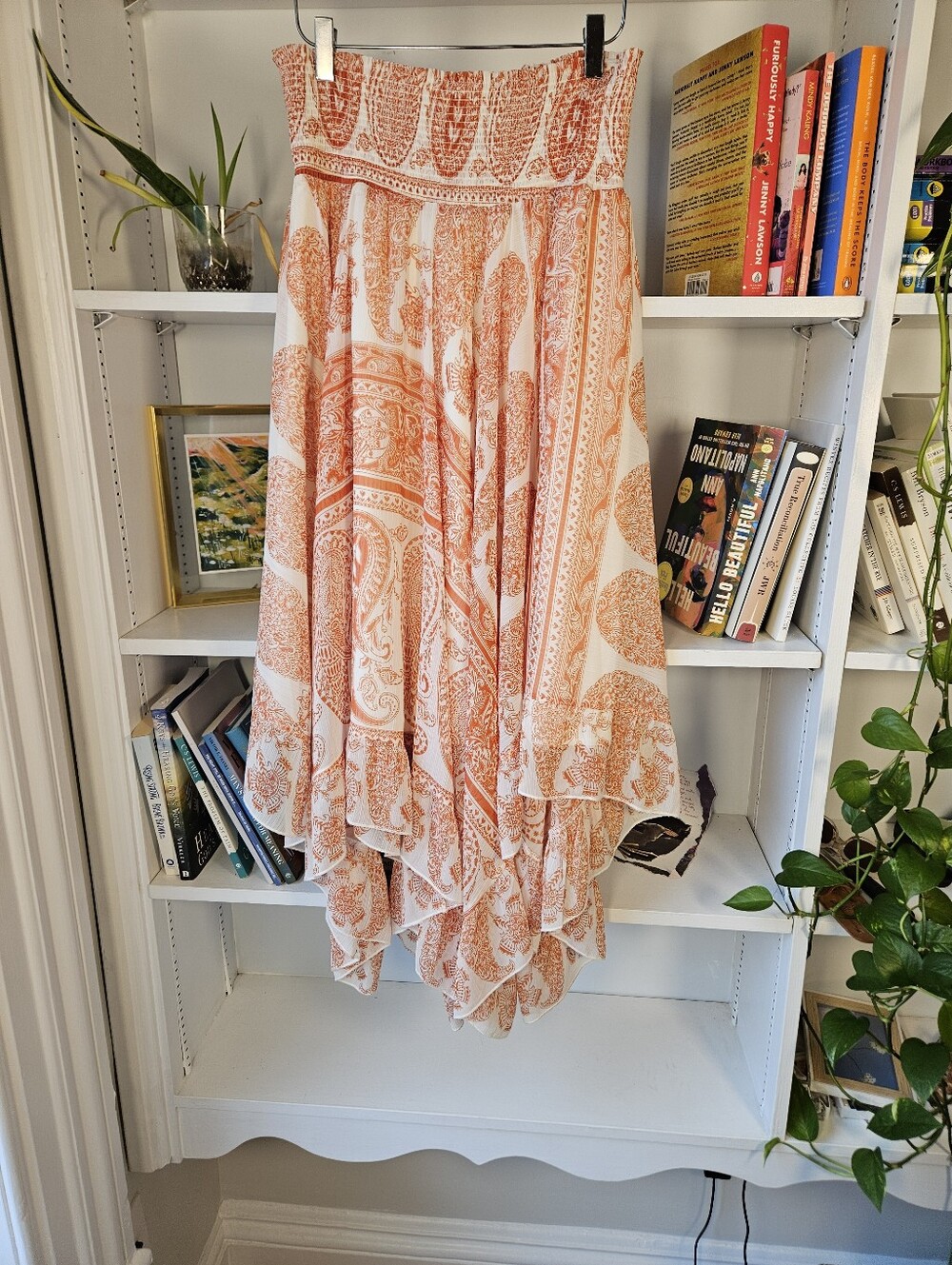 Paisley Midi Skirt Orange White Size Large Boho Beach Summer Asymmetrical - Picture 4 of 8